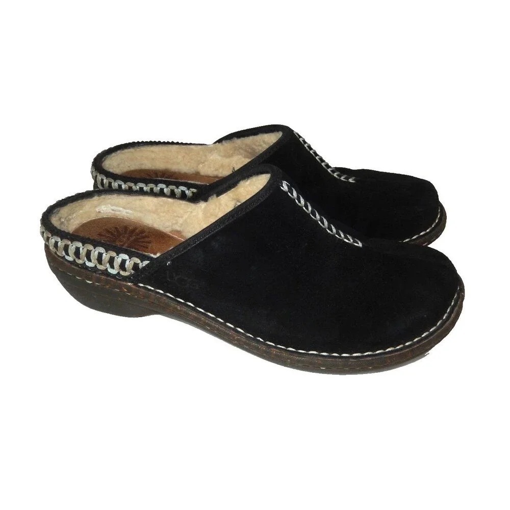 UGG Australia 5174 Black Suede Sheepskin Lined Clog Mules Womens 9